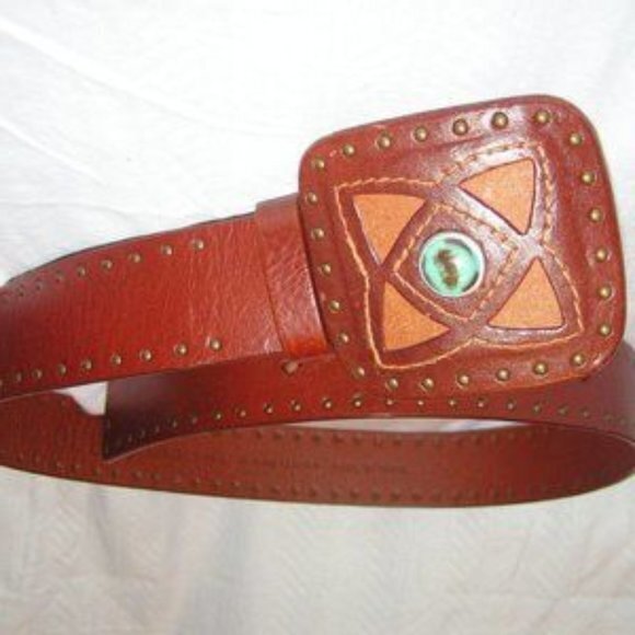Leather Belt with * Turquoise Stone in Buckle * by Guess - Picture 1 of 8